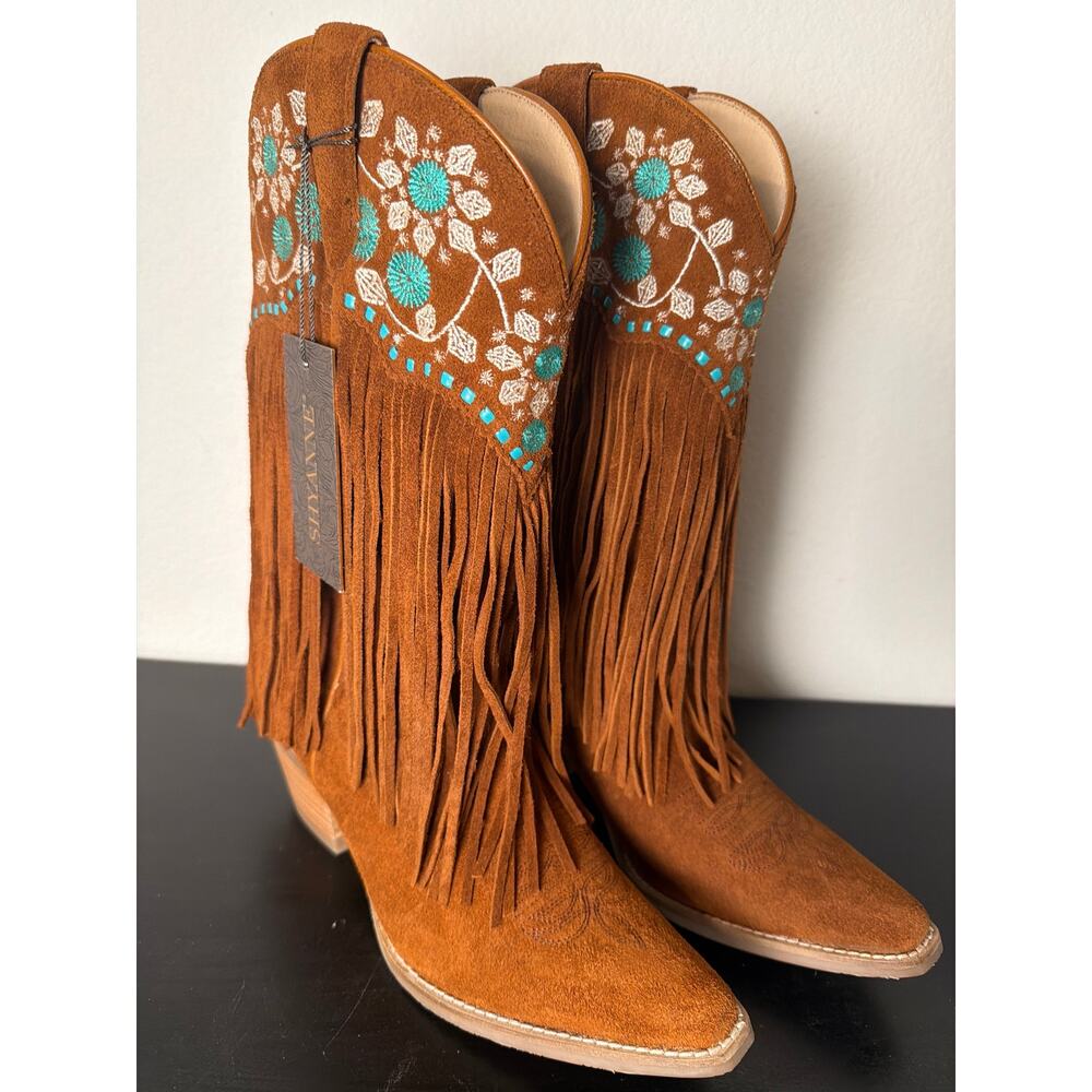NWT Shyanne Western Fringe Boots Womens 9 Embroidered Suede Cowboy Boots
